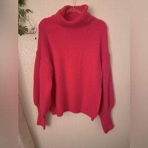Forever 21, Hot Pink Turtle Neck fuzzy sweater, loose fitting, balloon sleeves